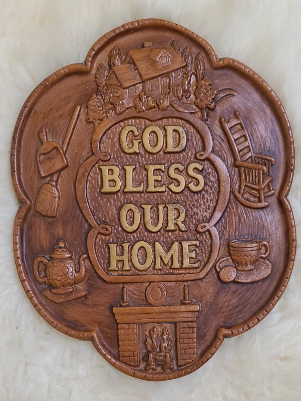 Vintage 60's Chalkware 3D Image "God Bless Our Home" Wall Plaque